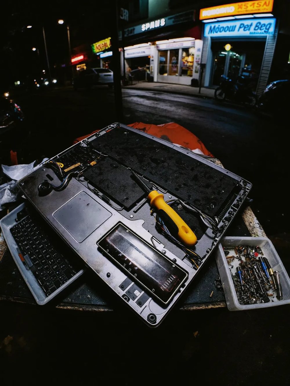 A laptop opened on the bench with its battery and cables exposed, tools alongside